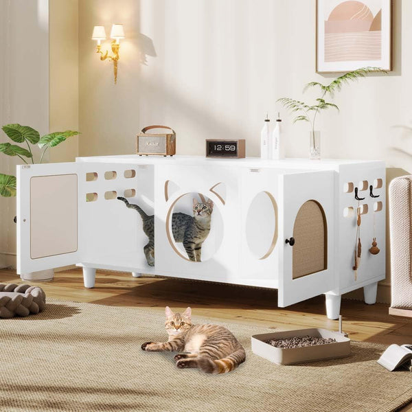 Anwick Cat Litter Box Enclosure Cabinet Furniture | Modern 2-In-1 Wooden Cat House Cabinet with Storage Hook and Scratch Board,White5