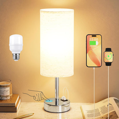 Bedside Table Lamp for Bedroom - Touch Desk Lamp with USB A+C Port | USB A+C Ports, 3-Way Dimmable, LED Bulb Included, White Fabric Shade, Silver Metal Base, 14" Small Night Stand Lamp for Dorm1
