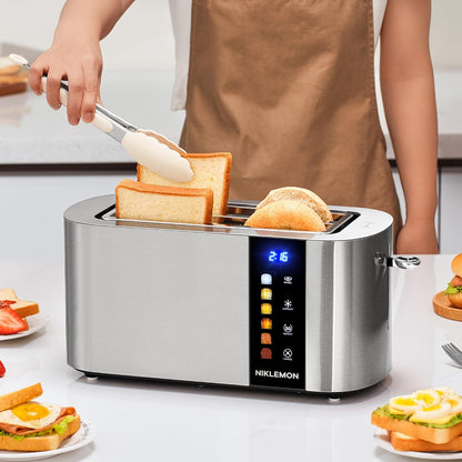 4 Slice Toaster,  Full Stainless Steel Toaster with LED Display, Touch Buttons with Long Extra Wide Slots, Bagel, Defrost, Reheat, Cancel Functions, Removable Crumb Tray, 1300W7