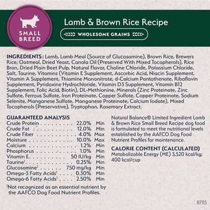 Natural Balance Limited Ingredient Small Breed Dry Dog Food - Complete Nutrition for Small Breeds - Wholesome Grains Brown Rice Recipe - Limited Ingredient Formula - 12 Lb - Lamb & Brown Rice8