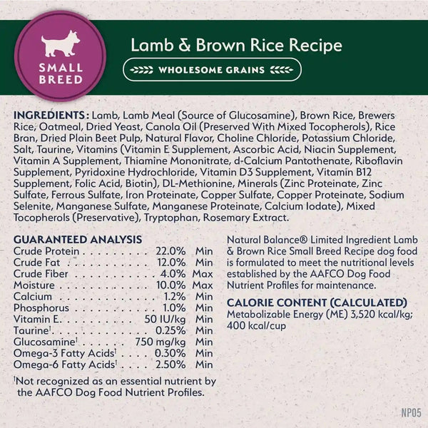Natural Balance Limited Ingredient Small Breed Dry Dog Food - Complete Nutrition for Small Breeds - Wholesome Grains Brown Rice Recipe - Limited Ingredient Formula - 12 Lb - Lamb & Brown Rice8