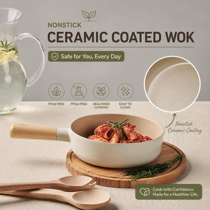 FIKA Small 7-Inch Deep Ceramic Coated Wok Pan, Nonstick Stir Fry & Soup Pan with Natural Wooden Handle, Induction Compatible for All Stovetops, Made in Korea (18Cm)4