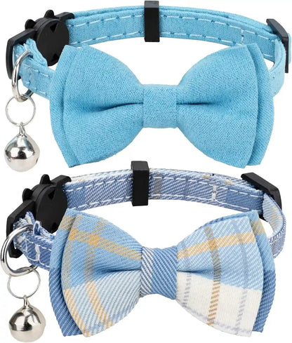 Cat Collar Breakaway Bowtie Safety with Bell Adjustbale Kitten Puppy Solid Plaid Color Set D-[2Pcs] Pink-27