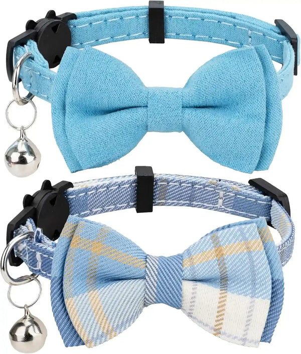 Cat Collar Breakaway Bowtie Safety with Bell Adjustbale Kitten Puppy Solid Plaid Color Set D-[2Pcs] Pink-27