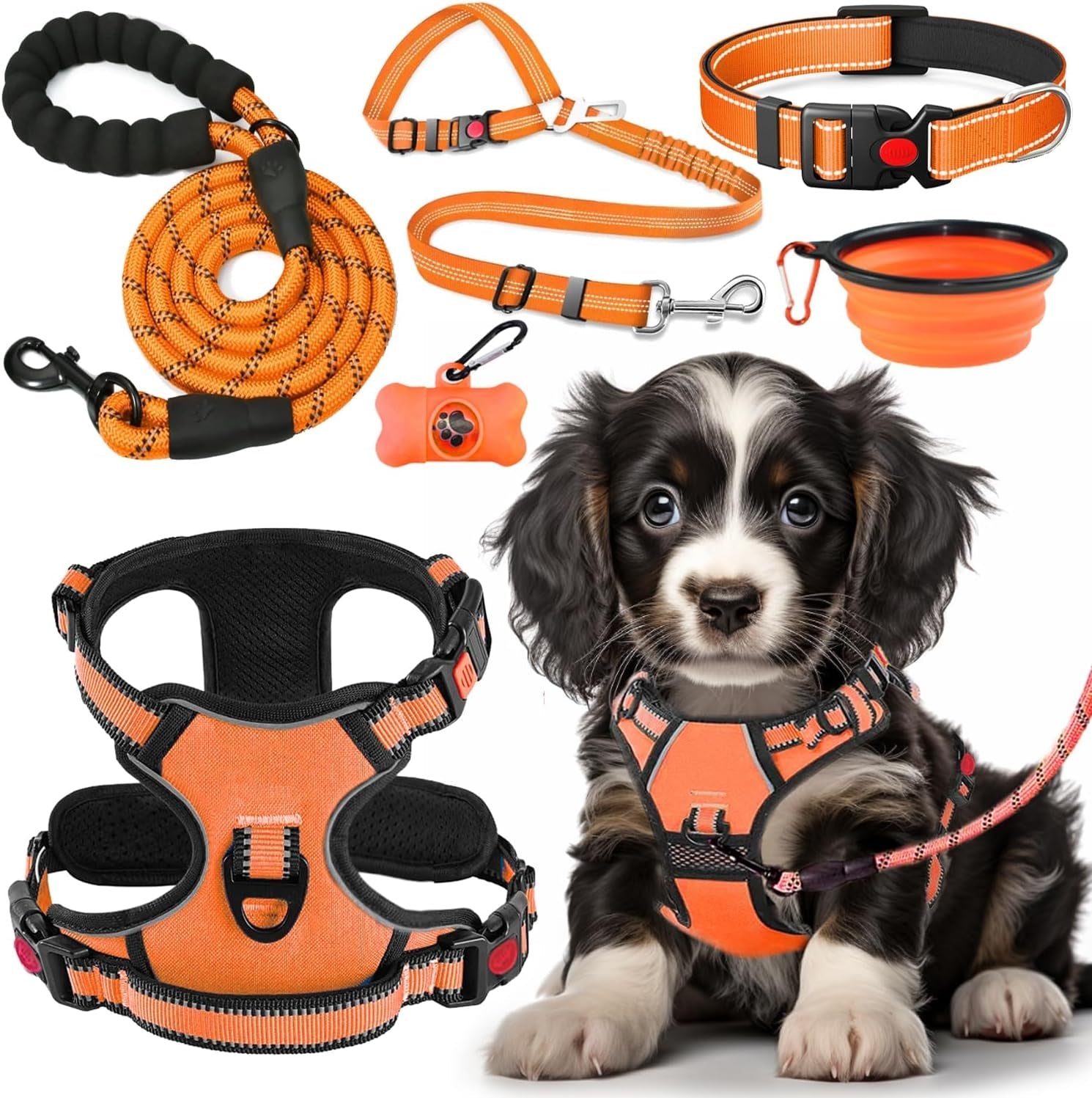 lobeve-no-pull-dog-harness-collar-leash-set-includes-dog-seat-belt-collapsible-bowls-poop-bag-dispenser-ideal-for-training-walking-hiking-fits-small-to-large-dogspink-l