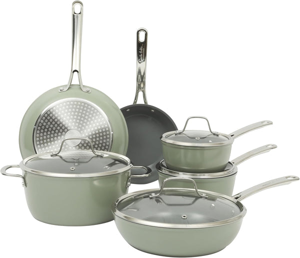 Sur La Table Kitchen Essentials Cool Commune Hard Anodized 10 Piece PFA Free Ceramic Non Stick Interior Forged Durable Aluminum Pots and Pans Cookware Set - Green - Induction Compatible1