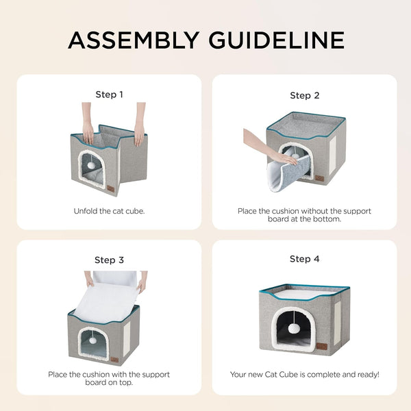 Bedsure Cat House Bed for Indoor Cats with Fluffy Ball and Scratch Pad,Grey | 16.5X16.5X13 In,Large Cat Cave for Multiple Pets,Foldable Cat Hideway Cube for Sleeping Kitten8