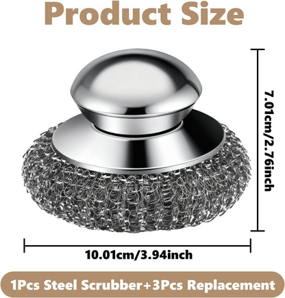 Steel Wool Scrubber, 4-Pack Stainless Steel Scrubber Pads with Handle - the Ultimate Scouring Solution for Rust, Stubborn Messes on Cookware, Grill, Oven & Kitchen Sinks6