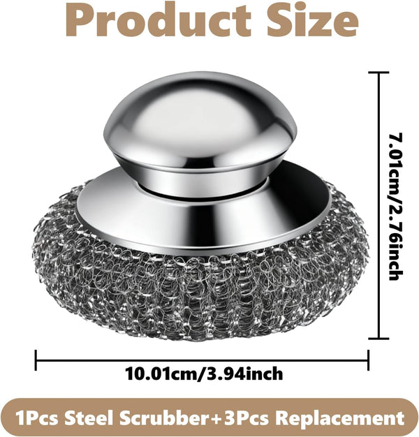 Steel Wool Scrubber, 4-Pack Stainless Steel Scrubber Pads with Handle - the Ultimate Scouring Solution for Rust, Stubborn Messes on Cookware, Grill, Oven & Kitchen Sinks6