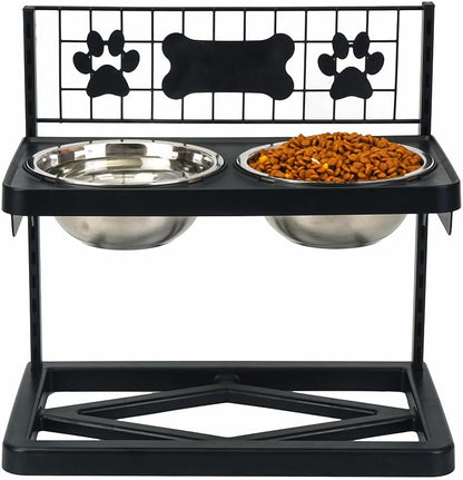 Elevated Dog Bowls Raised Pet Feeder Adjustable Dog Bowl Stand with Stainless Steel Bowls and ABS Frame, Double Dog Feeding Station with Paw Print Bone Decor for Medium Large Dogs9