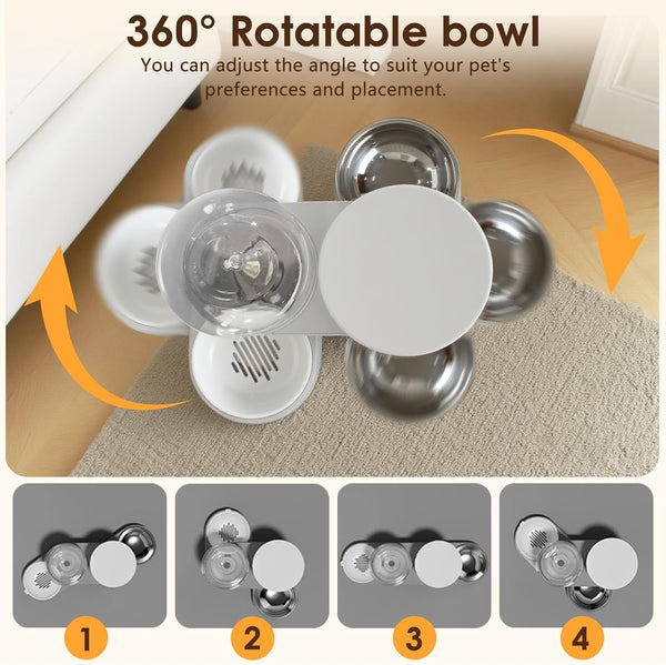 2 in 1 Automatic Gravity Cat Dog Feeder and Water Dispenser with 304 Stainless Steel Bowls, 360 Degree Rotatable Auto Food with 2 Specialized Brushes for Small Medium Pet Dog Puppy Kitten (Gray)4