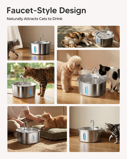 PEKTACO Cat Water Fountain, 3.2L/108Oz Stainless Steel Pet Water Fountain | Cat Drinking Fountain, Dishwasher Safe, with Triple Filtration, Quiet Pump, and Visible Water Window for Cats and Small Pets9