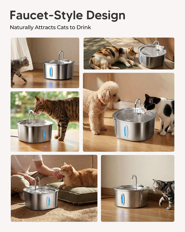 PEKTACO Cat Water Fountain, 3.2L/108Oz Stainless Steel Pet Water Fountain | Cat Drinking Fountain, Dishwasher Safe, with Triple Filtration, Quiet Pump, and Visible Water Window for Cats and Small Pets9
