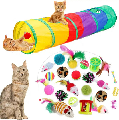 32Pcs Cat Toys Kitten Interactive Pet Toys Assortments, Foldable Rainbow Tunnel, Teaser Wand Fluffy Mouse Crinkle Balls Bell Play for Puppy Kitty (3 Way)10