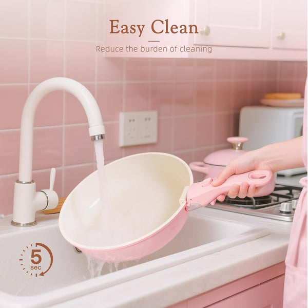 21 Pcs Pots and Pans Set Non Stick, Ceramic Cookware Set Detachable Handle, RV Kitchen Cooking Set Removable Handles, Oven Safe, Induction Ready, Stackable, Pink, Fathers Day Gift for Men8