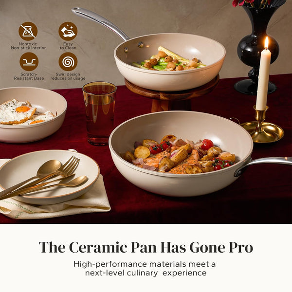 Ceramic Frying Pans, 4-Piece Non Stick Frying Pans, Non Toxic Skillet with Lid, Ceramic Cookware Set, 8" 9.5" 11" Egg Saute Pan, PFAS & PTFE & PFOA Free, Dishwasher & Oven Safe, Beige White4