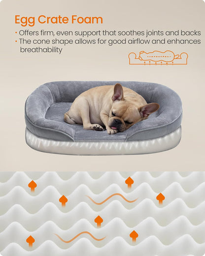 Feandrea Dog Bed, Medium Orthopaedic Dog Sofa Bed, 30 X 20 X 7 Inches, Egg Crate Foam, Waterproof Liner, Raised Edges, Removable and Machine Washable Cover, Non-Slip, Light Gray UPGW281G013