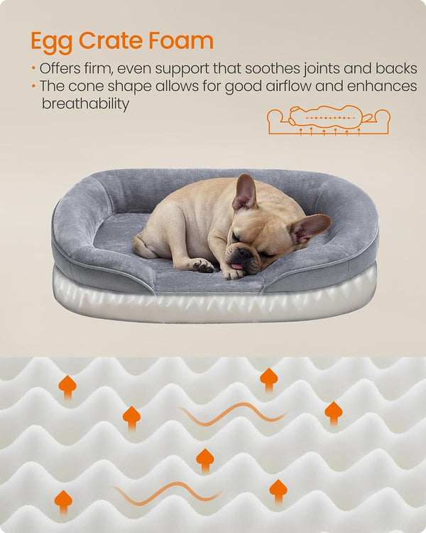 Feandrea Dog Bed, Medium Orthopaedic Dog Sofa Bed, 30 X 20 X 7 Inches, Egg Crate Foam, Waterproof Liner, Raised Edges, Removable and Machine Washable Cover, Non-Slip, Light Gray UPGW281G013