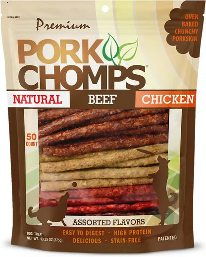 Pork Chomps Dog Chews, 5 in Munchy Sticks, Assorted Flavors, 50 Count | Oven-Baked from Real Pork Skin - a Rawhide-Free Chew That'S Low in Fat, High in Protein, and Easy to Digest1