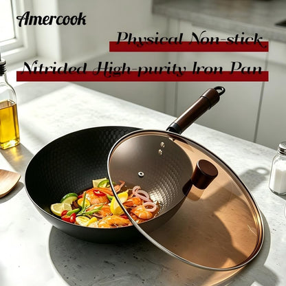Cast Iron Wok, Frying Pan, Chinese Wok, Flat Bottom Cookware, Non-Stick Easy to Clean for Frying, Stir-Frying, Cooking, Pfoa-Free, Dishwasher Safe Compatible with All Kitchen (12.59-In)3