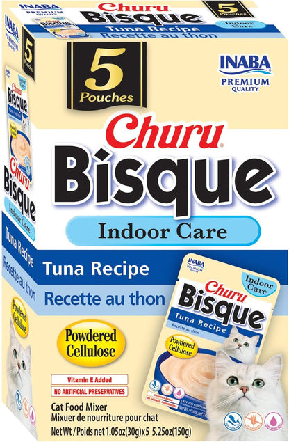 INABA Churu Bisque Indoor Care for Hairball Control for Cats, Creamy Lickable Purée Side Dish with Vitamin E, 1.05 Ounce Pouch, 15 Pouch, Tuna Recipe1