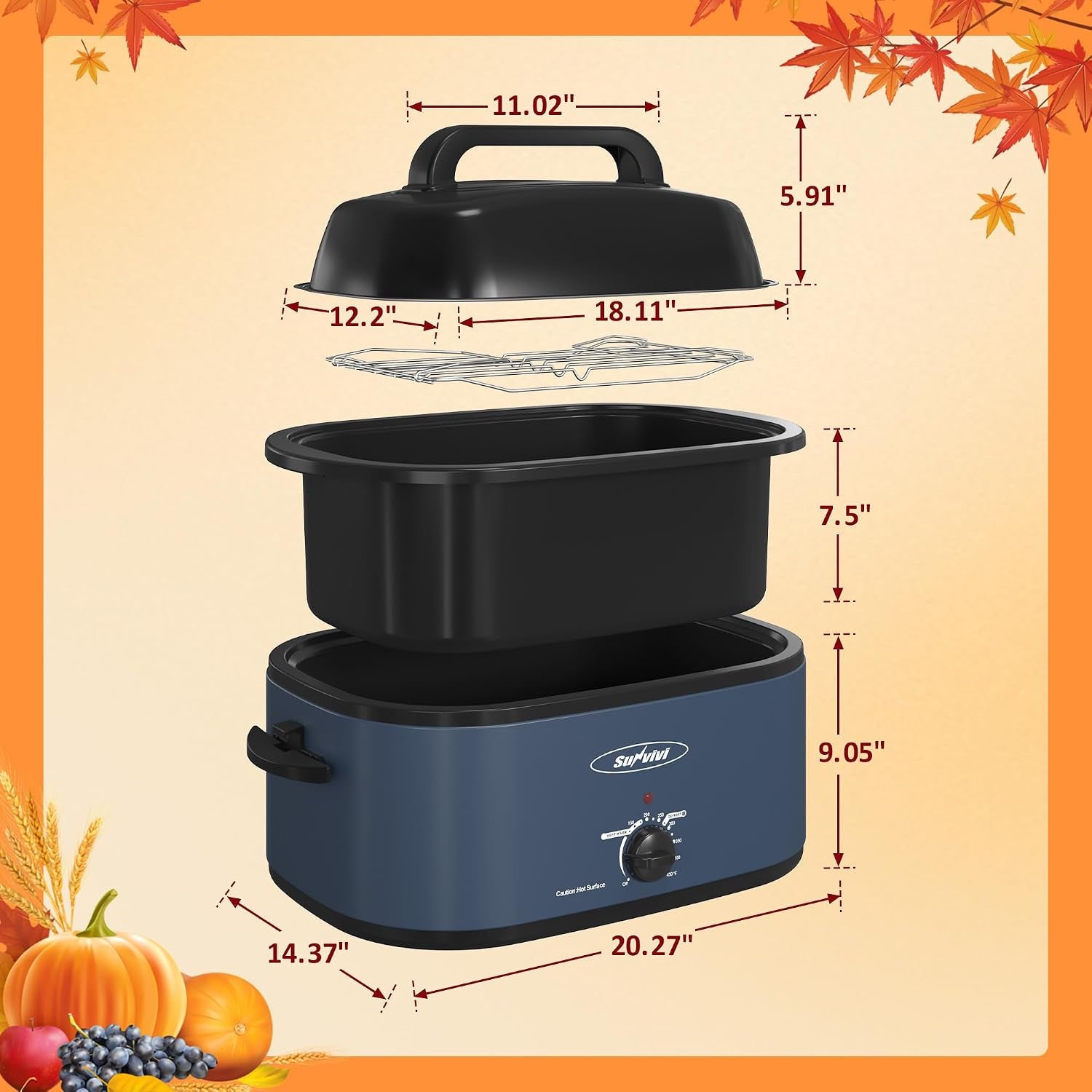 electric-roaster-26-quart-electric-roaster-oven-with-glass-lid-turkey-roaster-oven-buffet-with-self-basting-lid-removable-pan-cool-touch-handles-blue