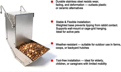 Rabbit Feeder - Small Animal Stainless Steel Gravity Feeding Trough with Lid, Outdoor Durable Cage Feeder Holds Several Days' Food (4 Inch/1.5Lbs)5