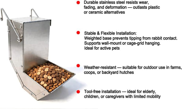 Rabbit Feeder - Small Animal Stainless Steel Gravity Feeding Trough with Lid, Outdoor Durable Cage Feeder Holds Several Days' Food (4 Inch/1.5Lbs)5