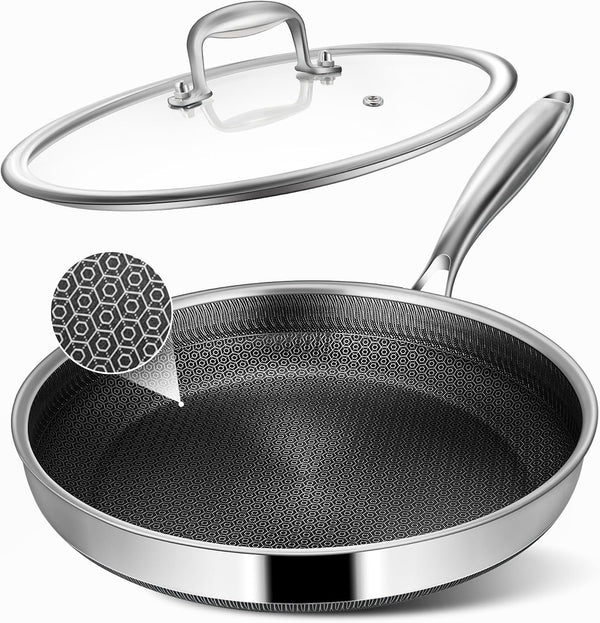 Non Stick Frying Pans, 12-Inch with Lid, Hybrid Frying Pans Nonstick Stainless Steel Skillets, Dishwasher & Oven-Safe, Stay-Cool Handle, PFOA Free Cookware, Compatible with All Cooktops1