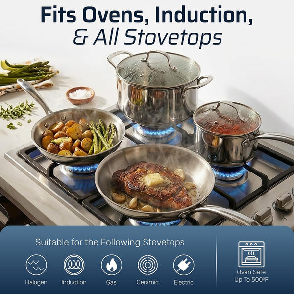 10 Pcs Tri Ply Stainless Steel Cookware Set, Pots and Pans Set with Induction Bottom, Made without PTFE PFOA PFOS, Metal Utensil Safe, Oven and Dishwasher Safe6