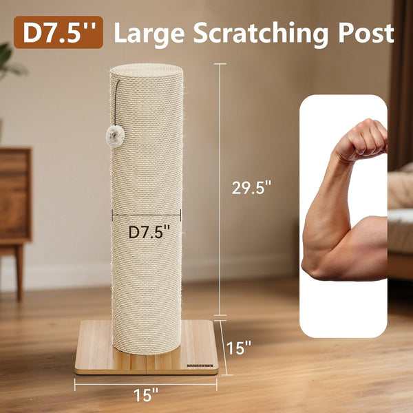 KAMABOKO 29.5" Cat Scratching Post, 7.5" Ultra-Large Diameter Natural Sisal Cat Scratch Post, Scratch-Resistant Tall Cat Scratcher for Indoor Cats, Protect Your Furniture, Beige, Pack of 16