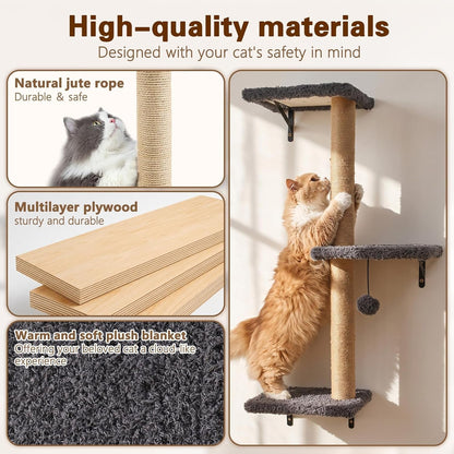 6-In-1 Cat Wall Shelves for Indoor Cats, Wall Mounted Furniture with Bed, Cave, Perch & Scratching Post, Multi-Level Climbing System, Space-Saving Playground, Natural Wood Gray3