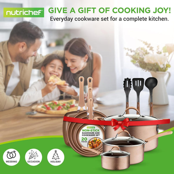 14-Piece Non Stick Kitchen Cookware Set W/Saucepan, Frying Pans, Cooking Pots, Dutch Oven Pot, Lids, Utensil, Gold8