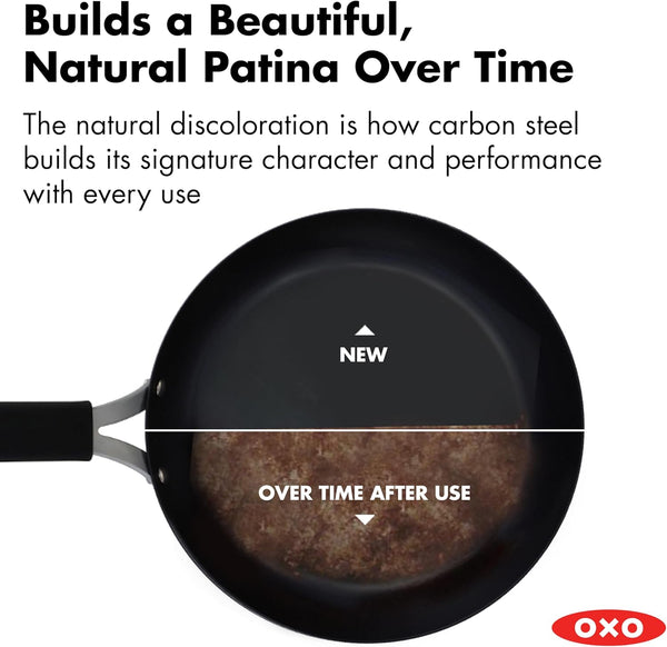 OXO Obsidian Pre-Seasoned Carbon Steel, 12" Wok Pan with Removable Silicone Handle Holder, Induction, Oven Safe, Black4