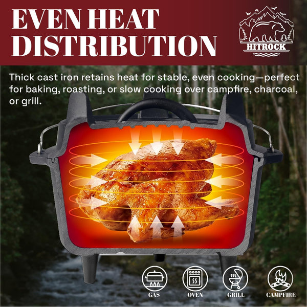 Cast Iron Camp Dutch Oven with Legs 9QT, Pre-Seasoned Camping Dutch Oven with Lid, Outdoor Pot with Lid Lifter, Storage Bag & Handle for Camping, Baking, Grilling, Rounded-Square Shape2