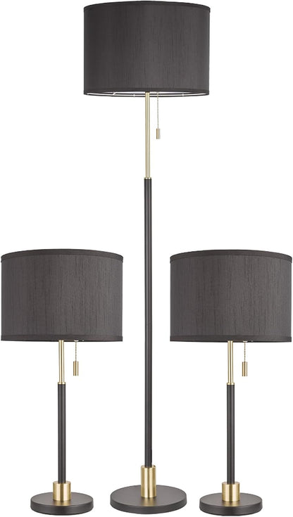 Table and Floor Lamp Set of 3 Pack Lamp Set with Black Linen Lampshade, Farmhouse Light Sets, Modern Table Lamps and Floor Lamp for Living Room, Bedroom, Nightstands, Black and Gold Splicing Finish2