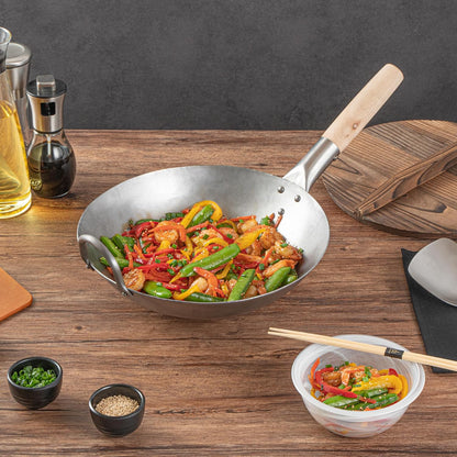 Carbon Steel Wok 1 Pack of 12 Inch Heavy-Duty Stir Fry Pan Silver Hand Hammered Wok Efficient Maneuvering Steel Helper Handle Uniform Heat Distribution Asian Cooking4