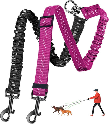Double Dog Leash - 360°Swivel Tangle Free Splitter Attachment, 2 Dogs Multi-Functional Leashes, Dual Rope for Outdoor Walk Train Small Medium Large Two Pet, Pink16
