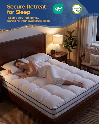 Full Mattress Topper, Thick Mattress Pad for Back Pain Relief, White | Overfilled Plush Pillow Top Design for Deep Sleep, Stretch 8–23'' Deep Pocket, Soft Breathable 3D+7D Snow down Fill3