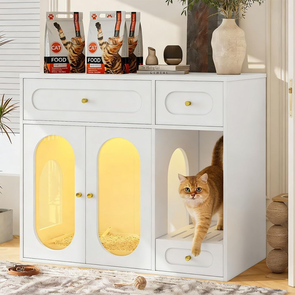 hidden-cat-litter-box-enclosure-furniture-with-led-light-modern-litter-box-cabinet-with-drawers-acrylic-door-multi-entry-cat-house-sideboard-for-living-room-37-4w-x-15-6d-x-31-5h-white