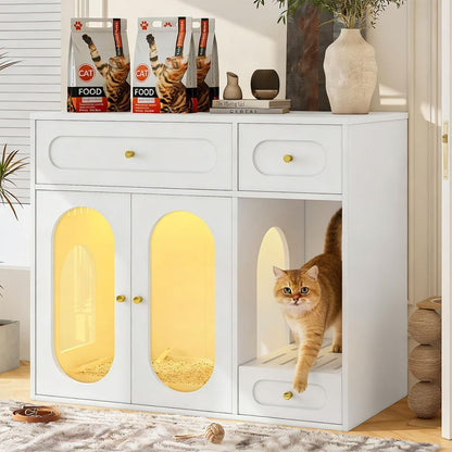 Hidden Cat Litter Box Enclosure Furniture with LED Light, Modern Litter Box Cabinet with Drawers & Acrylic Door, Multi-Entry Cat House Sideboard for Living Room, 37.4"W X 15.6"D X 31.5"H,White7
