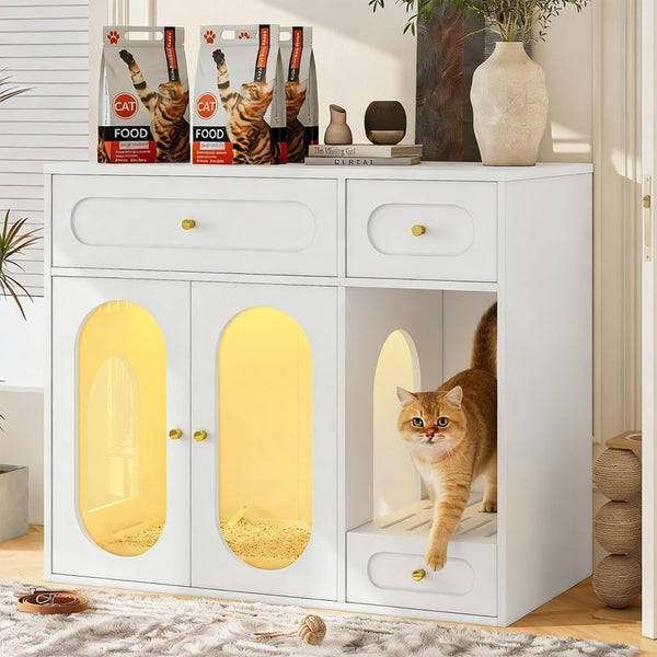 Hidden Cat Litter Box Enclosure Furniture with LED Light, Modern Litter Box Cabinet with Drawers & Acrylic Door, Multi-Entry Cat House Sideboard for Living Room, 37.4"W X 15.6"D X 31.5"H,White7