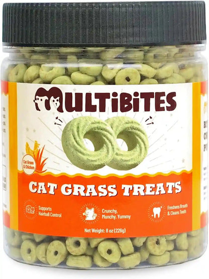 8 Oz Cat Grass Treats - Hairball Control & Catnip Flavor | Salmon, Catnip, Barley Grass. Crunchy for Teeth & Breath. Fiber for Hairballs & Digestion. Great Daily Training Treat.1
