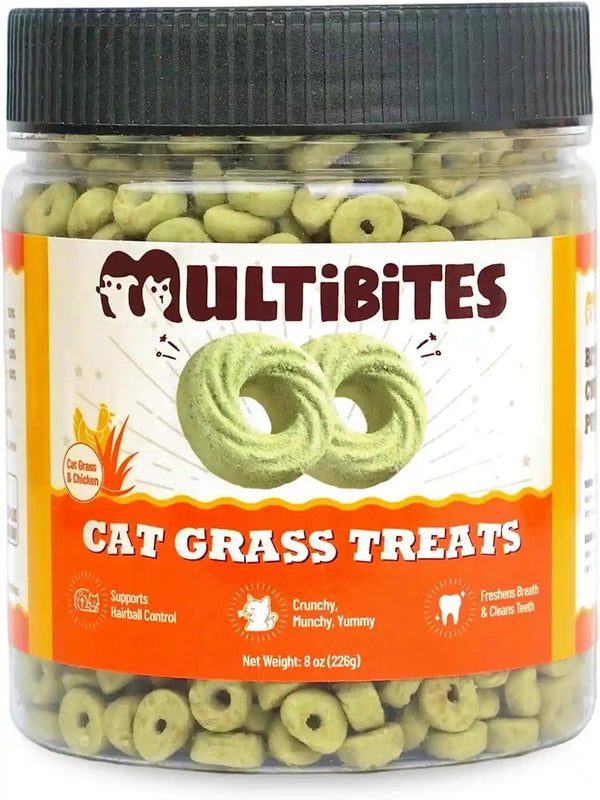 8 Oz Cat Grass Treats - Hairball Control & Catnip Flavor | Salmon, Catnip, Barley Grass. Crunchy for Teeth & Breath. Fiber for Hairballs & Digestion. Great Daily Training Treat.1