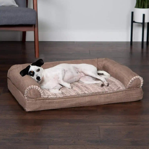 Furhaven Memory Foam Dog Bed for Medium/Small Dogs W/ Removable Bolsters & Washable Cover, for Dogs up to 35 Lbs - Luxe Faux Fur & Performance Linen Sofa - Woodsmoke, Medium3