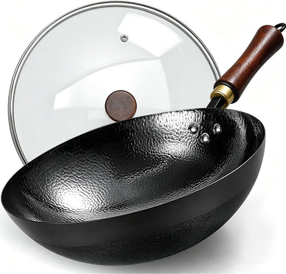 Carbon Steel Wok Pan, 12.6-Inch Nonstick Pre-Seasoned Woks & Stir-Fry Pans with Glass Lid, No Chemical Coated Wok round Bottom Hand Hammered Chinese Wok for Gas Stoves1