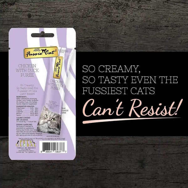 Fussie Cat Premium Puree Lickable Cat Treats in Chicken Puree, Lickable Treats, 3 Packs of 4-0.5Oz Tubes,(12 Total Tubes) Variety Flavor Pack of 3 Flavors. Oceanfish, Sardine, Chicken + Lid4