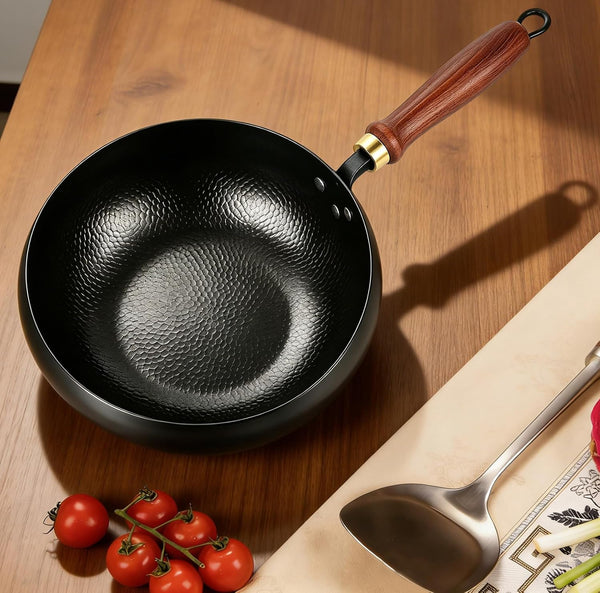 Fast-Heating Cast Iron Stir-Fry Pan Deep round Base with Wooden Handle-24Cm | Hand-Hammered Household Uncoated Cast Iron Wok, Uncoated Thick-Walled Cast Iron Potfor Stir-Fry, Sear, Braise.7