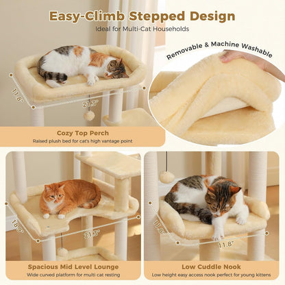 43.3" Cat Tree for Indoor Cats Large Adult, Multi-Level Cat Tower | Cat Tree Tower with Spacious Top Perch, Large Cat Bed, Scratching Posts and Pompom Balls for Fun3