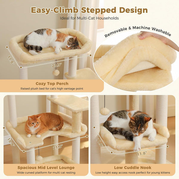 43.3" Cat Tree for Indoor Cats Large Adult, Multi-Level Cat Tower | Cat Tree Tower with Spacious Top Perch, Large Cat Bed, Scratching Posts and Pompom Balls for Fun3